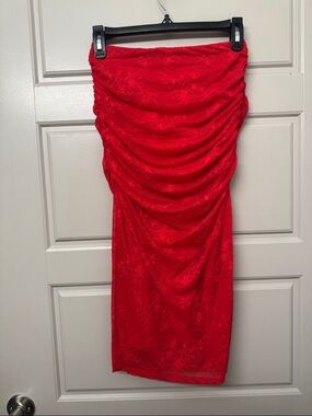 AFRM Red Ruched Strapless Floral Midi Dress
